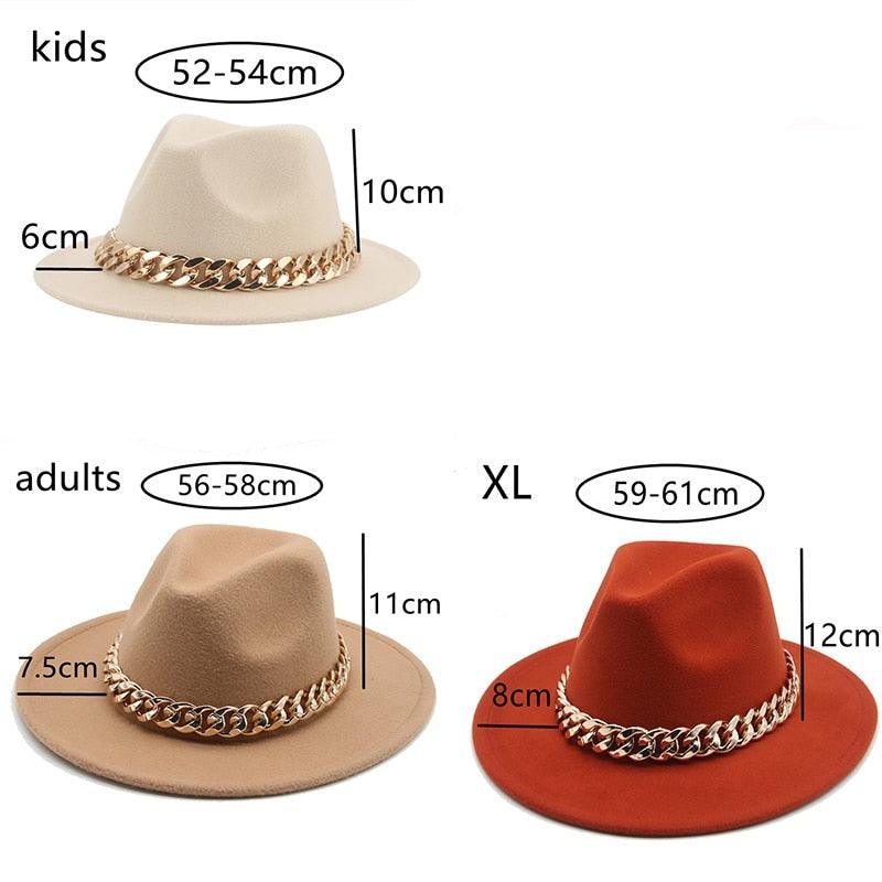 Fedora Hats for Women Men Wide Brim Thick Gold Chain Metal Chain Buckle Fedora Hat Classic Wide Brim Floppy Hat Warm Vintage Cap Winter Autumn Lightweight Luxury Hat