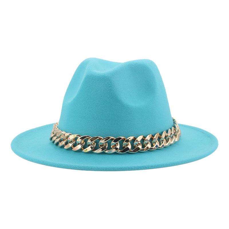Fedora Hats for Women Men Wide Brim Thick Gold Chain Metal Chain Buckle Fedora Hat Classic Wide Brim Floppy Hat Warm Vintage Cap Winter Autumn Lightweight Luxury Hat