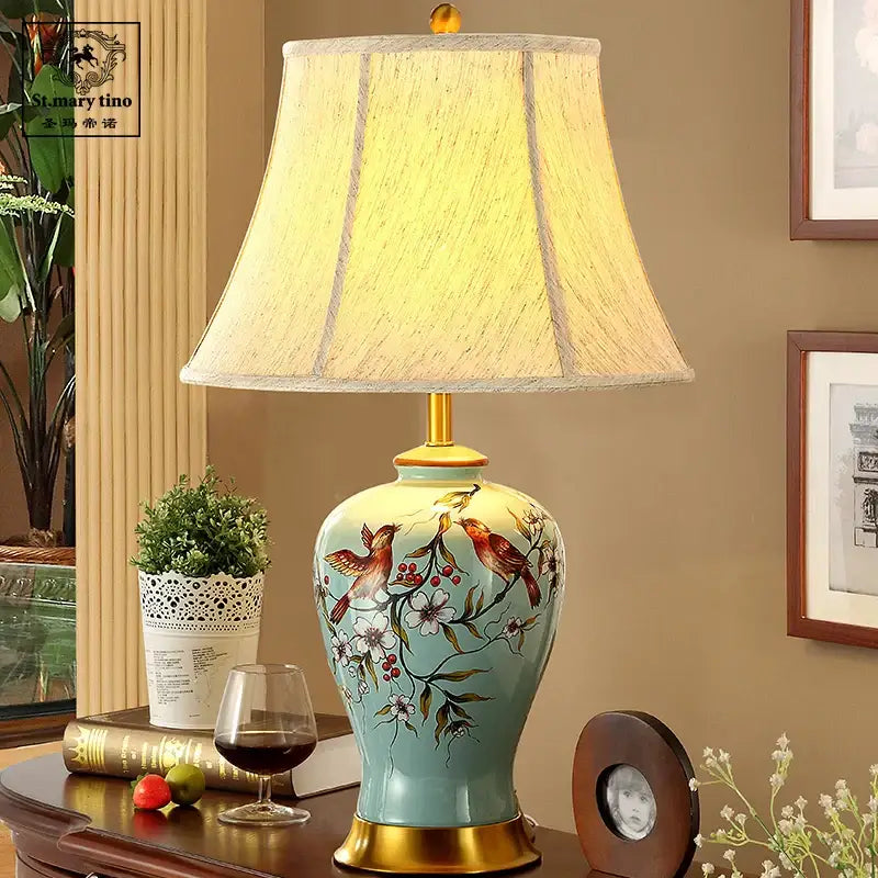 Floral bird ceramic vase table lamp for living room decor