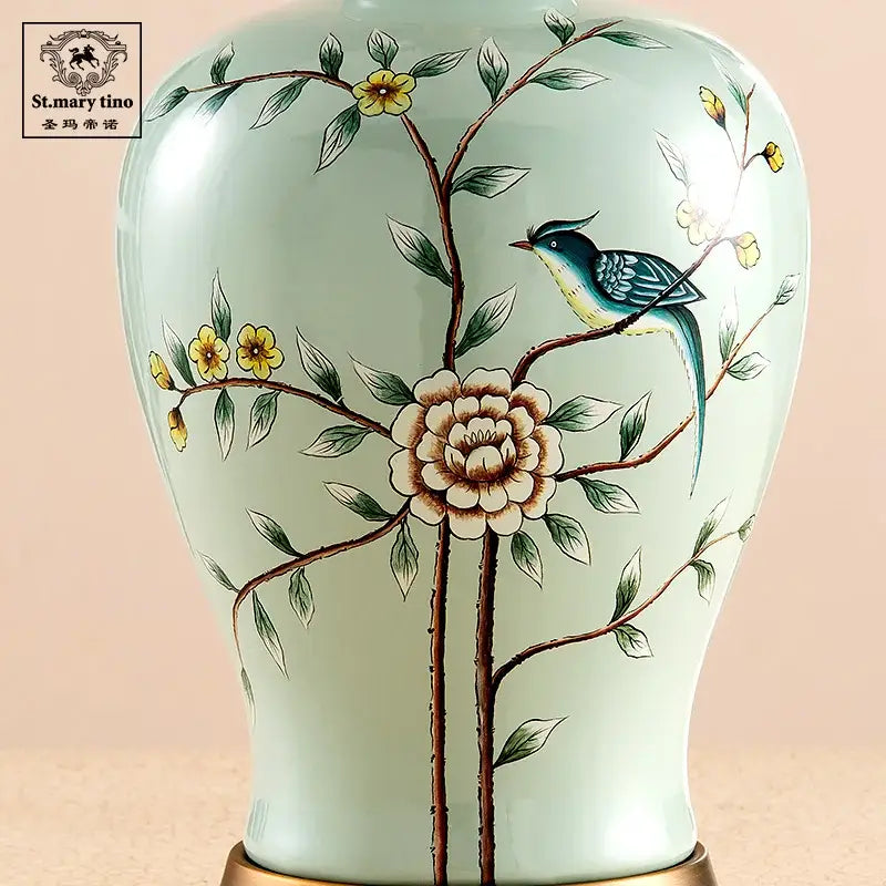 Floral bird ceramic vase table lamp for living room decor