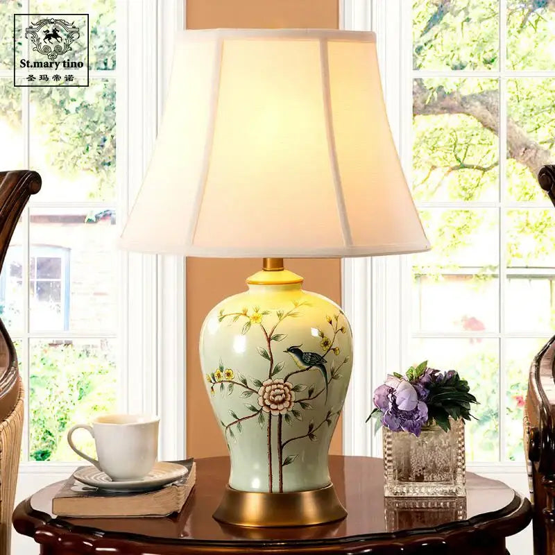 Floral bird ceramic vase table lamp for living room decor
