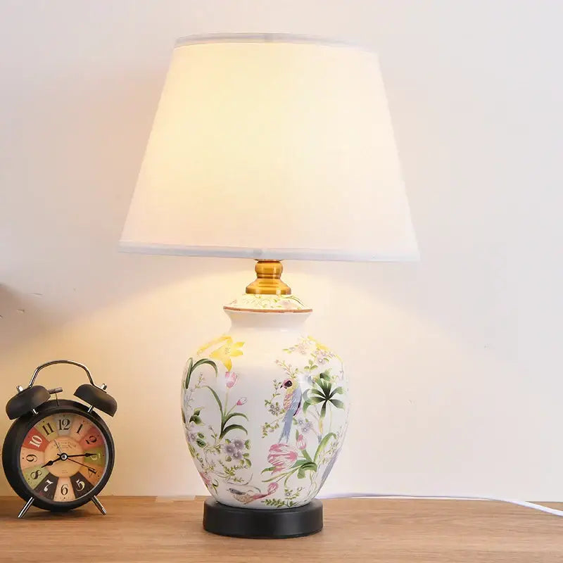 Floral bird hand painted ceramic table lamp with 30cm white fabric shade