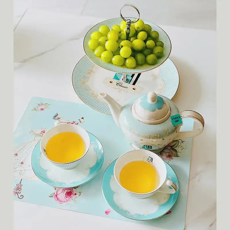 Floral blue & white bone china tea set dining room gold trimmed porcelain
