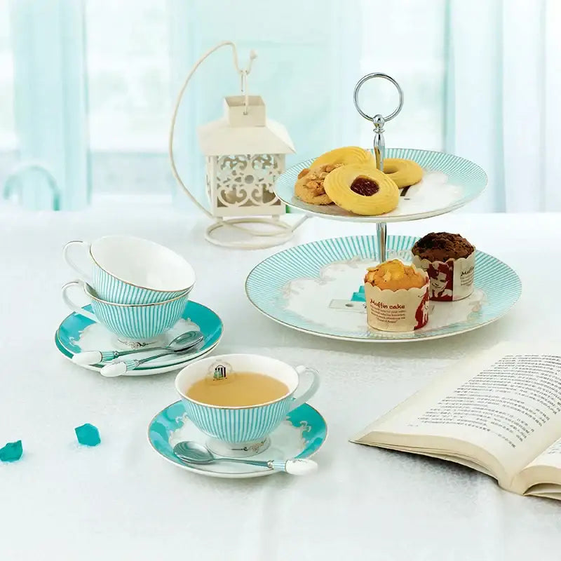 Floral blue & white bone china tea set dining room gold trimmed porcelain