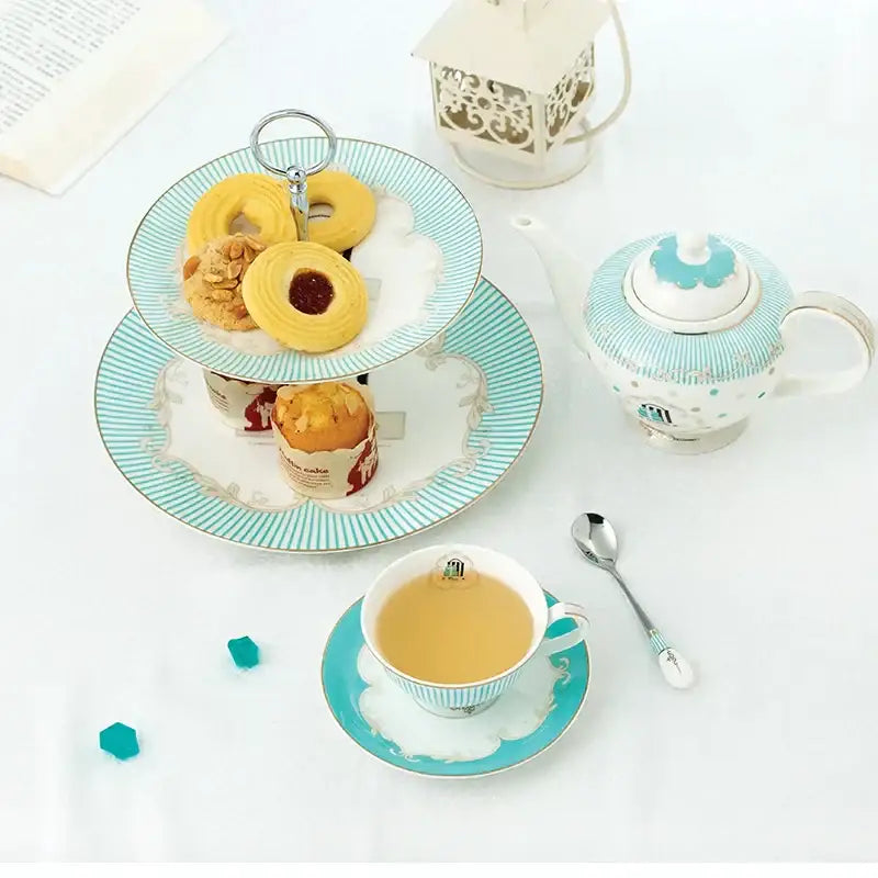 Floral blue & white bone china tea set dining room gold trimmed porcelain