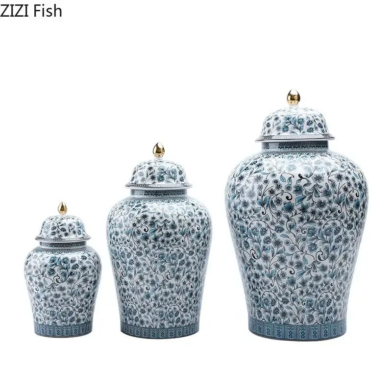 DecorBites™ Blue White Ceramic Enamel General Jar Tea Canister Desk Flower Texture Pot