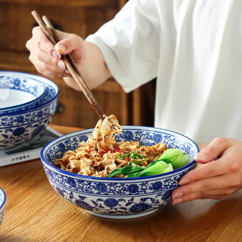 DecorBites™ Blue and White Ceramic Soup Bowl - Perfect for Noodles and Soups