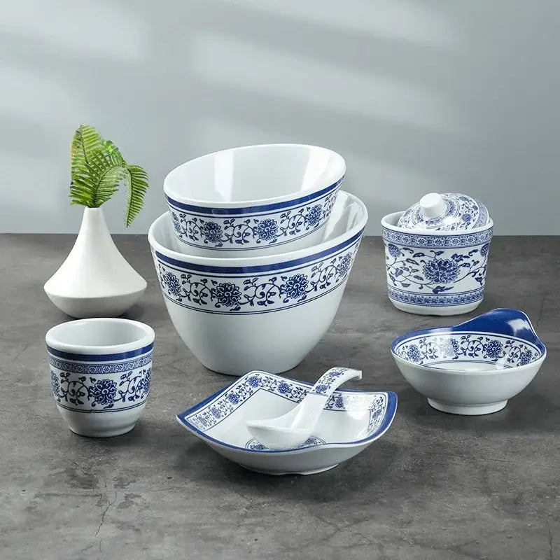 Floral blue & white imitation porcelain dinner set dining room