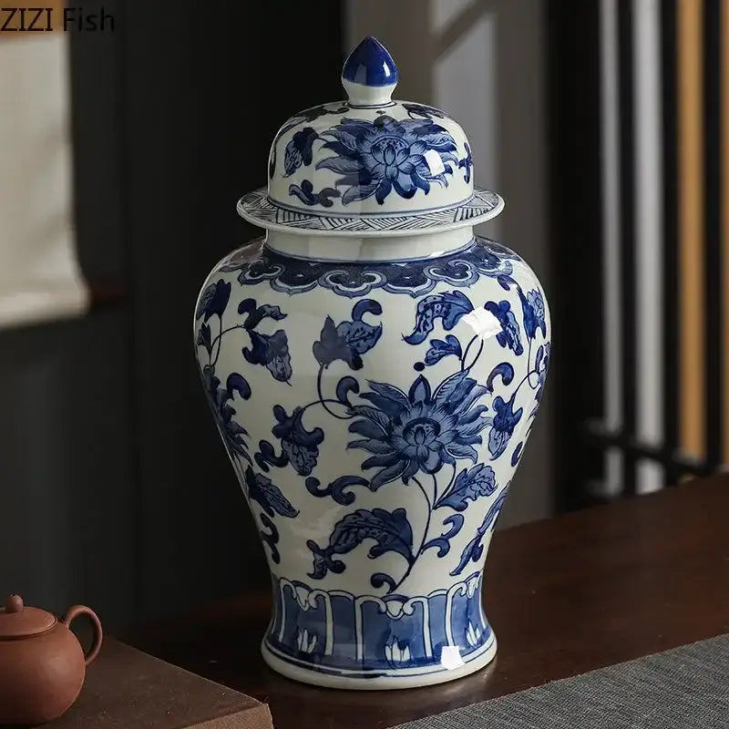 Floral blue & white porcelain tea canister – dining room decor