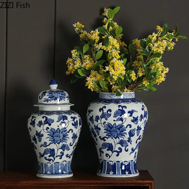 Floral blue & white porcelain tea canister – dining room decor