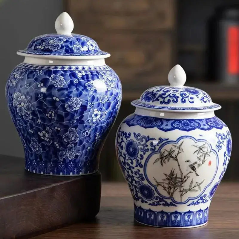 Floral blue & white porcelain tea canister kitchen storage jar