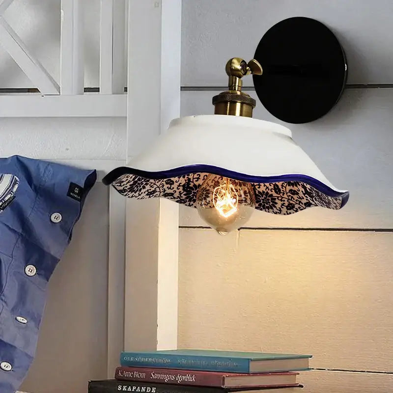 Floral blue & white porcelain wall lamp living room ceramic sconce
