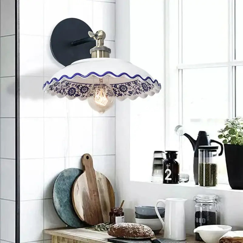 Floral blue & white porcelain wall lamp living room ceramic sconce