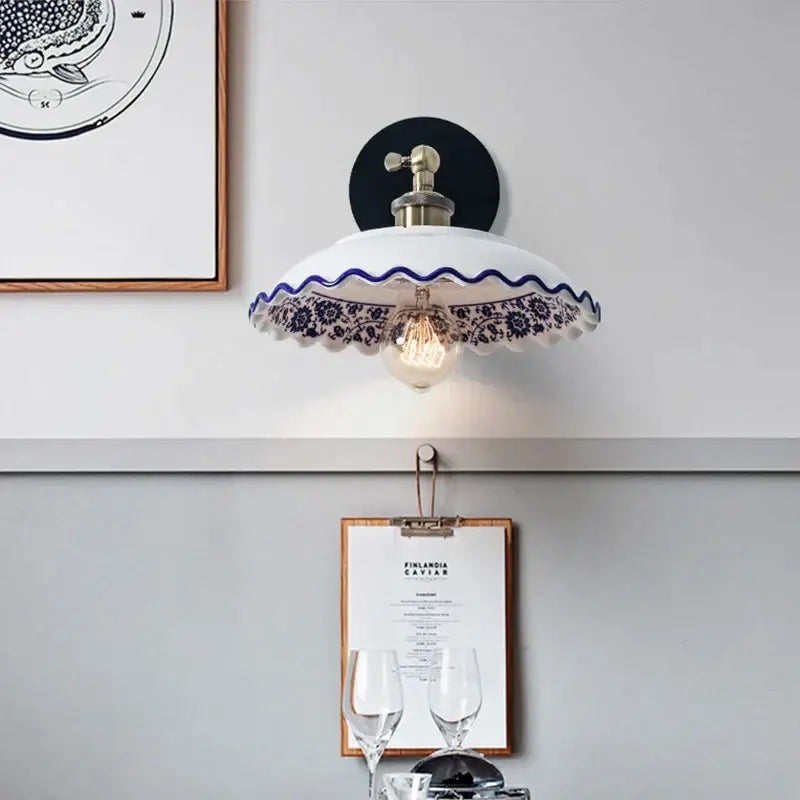 Floral blue & white porcelain wall lamp living room ceramic sconce