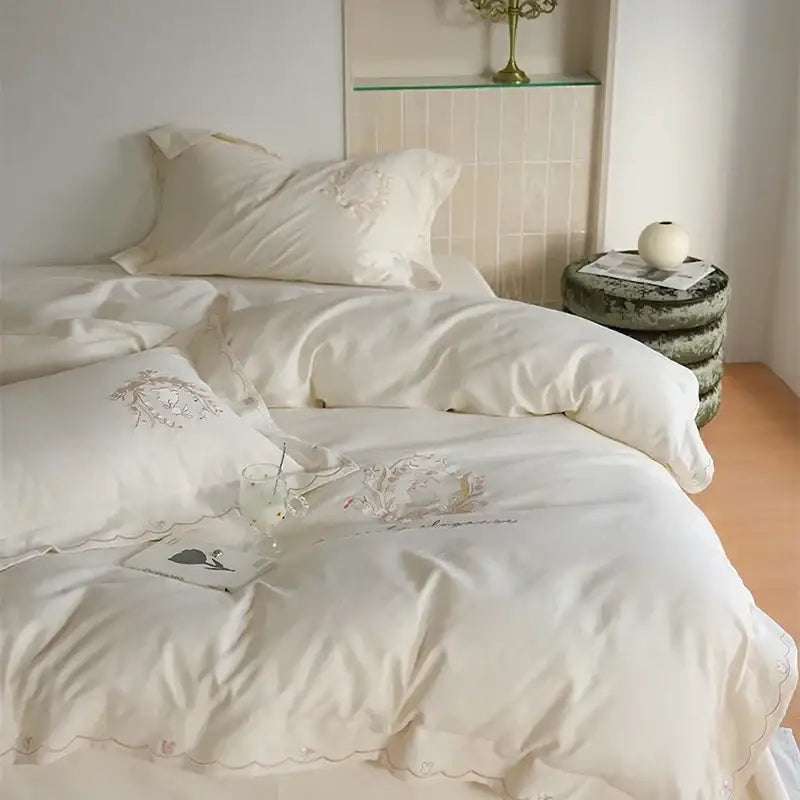 Floral embroidered cream satin duvet cover set bedroom decor