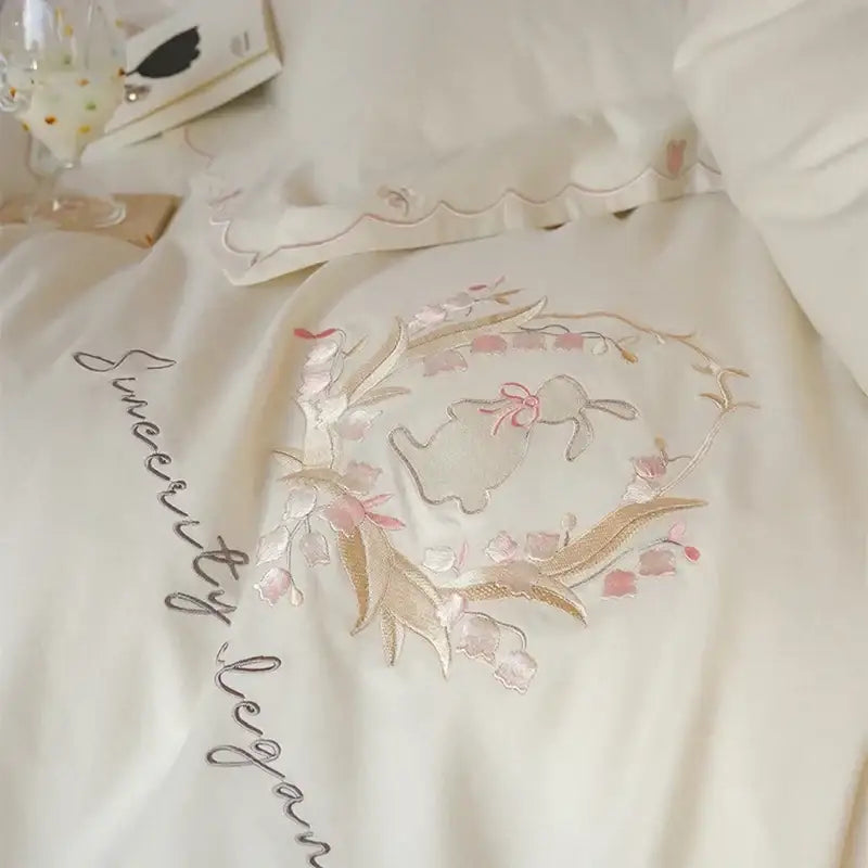 Floral embroidered cream satin duvet cover set bedroom decor