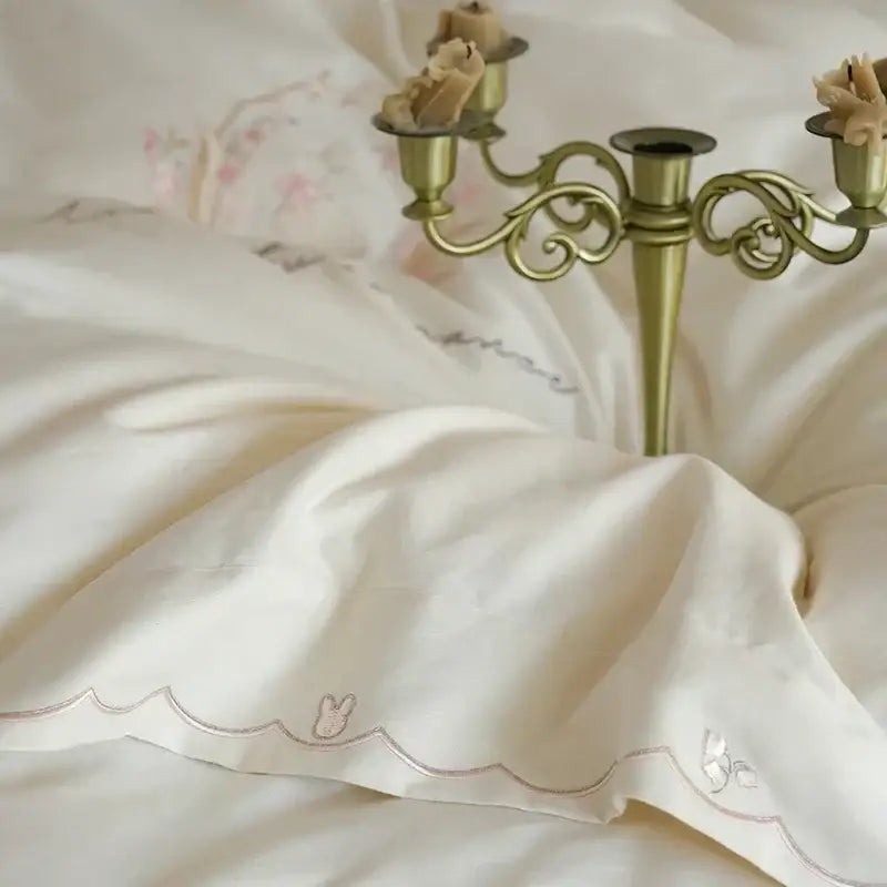 Floral embroidered cream satin duvet cover set bedroom decor