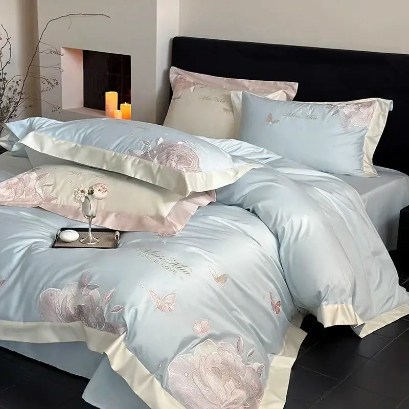 Floral light blue & pink 1000tc egyptian cotton bedding set bedroom