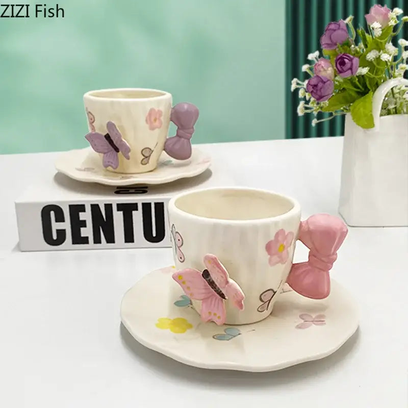 Floral pink & purple butterfly ceramic cup and saucer set dining room