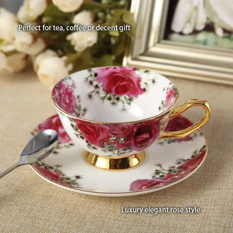 Floral red rose bone china tea set – dining room porcelain set