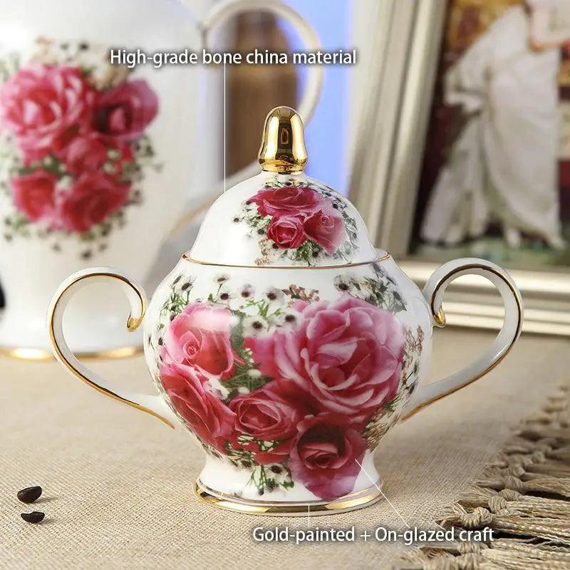 Floral red rose bone china tea set – dining room porcelain set