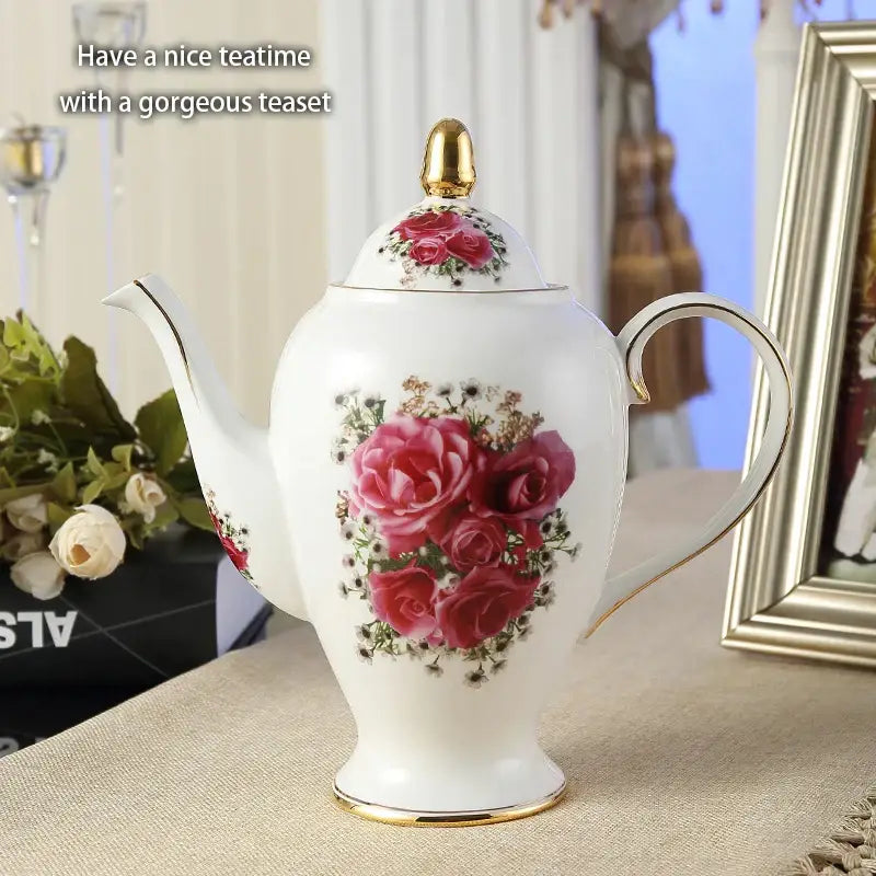 Floral red rose bone china tea set – dining room porcelain set
