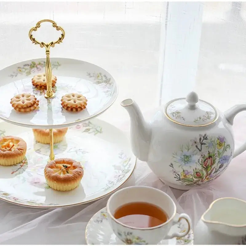 DecorBites™ Bone China Tea Set: Teapot, Teacup, Saucer, Fruit Plate, Tray, Mugs & Tableware
