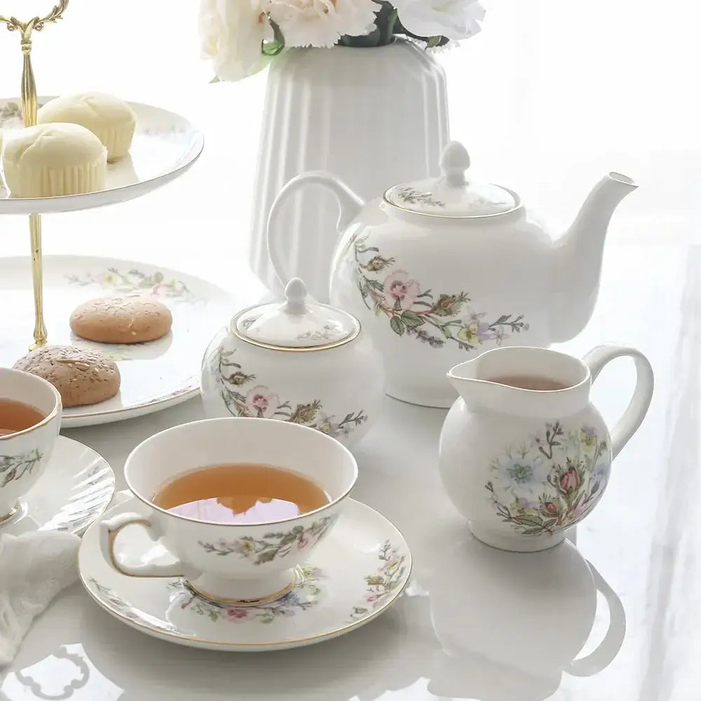 DecorBites™ Bone China Tea Set: Teapot, Teacup, Saucer, Fruit Plate, Tray, Mugs & Tableware