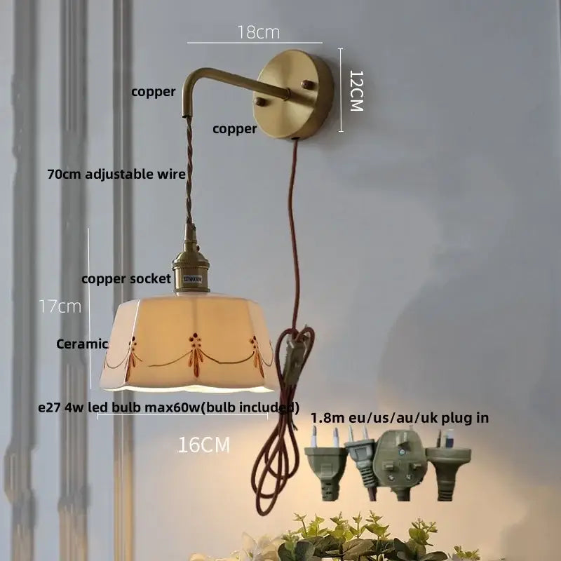 Floral white & brass led wall light bedroom ceramic sconce with switch
