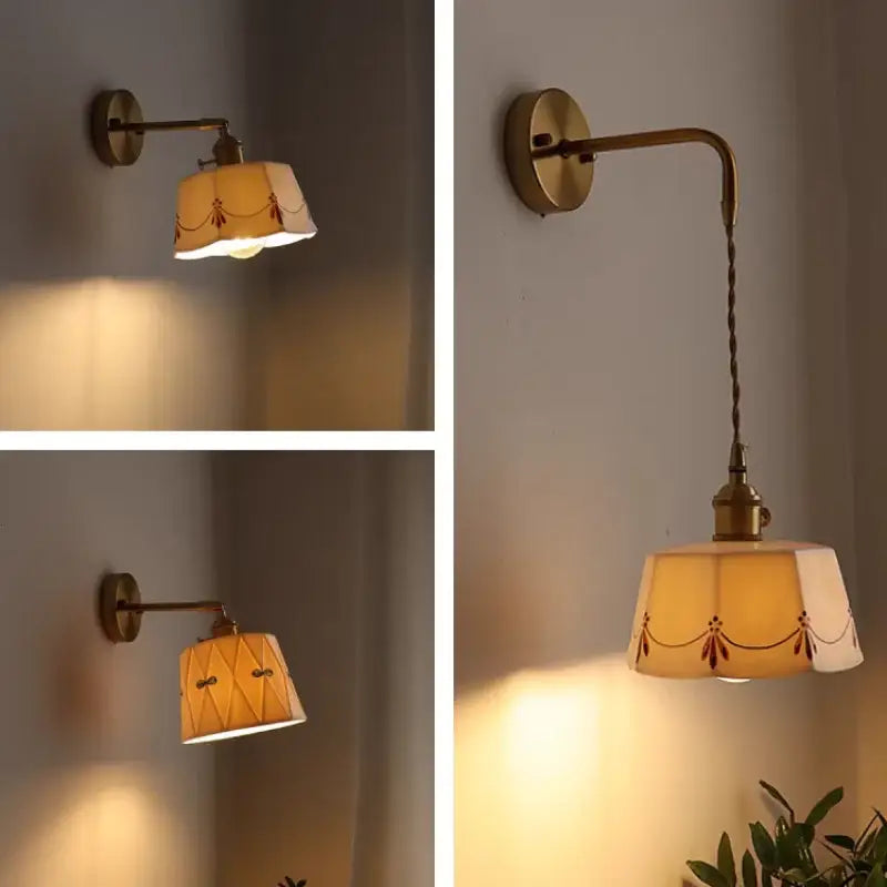 Floral white & brass led wall light bedroom ceramic sconce with switch