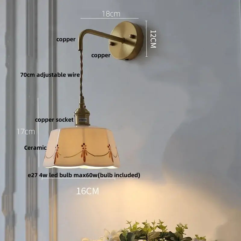Floral white & brass led wall light bedroom ceramic sconce with switch