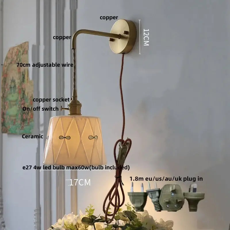 Floral white & brass led wall light bedroom ceramic sconce with switch