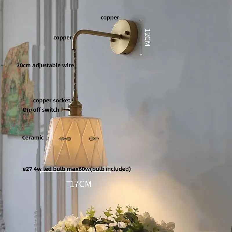 Floral white & brass led wall light bedroom ceramic sconce with switch