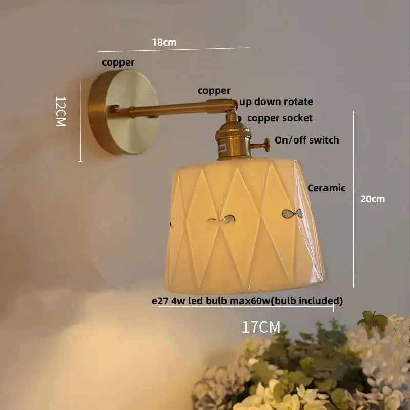 Floral white & brass led wall light bedroom ceramic sconce with switch