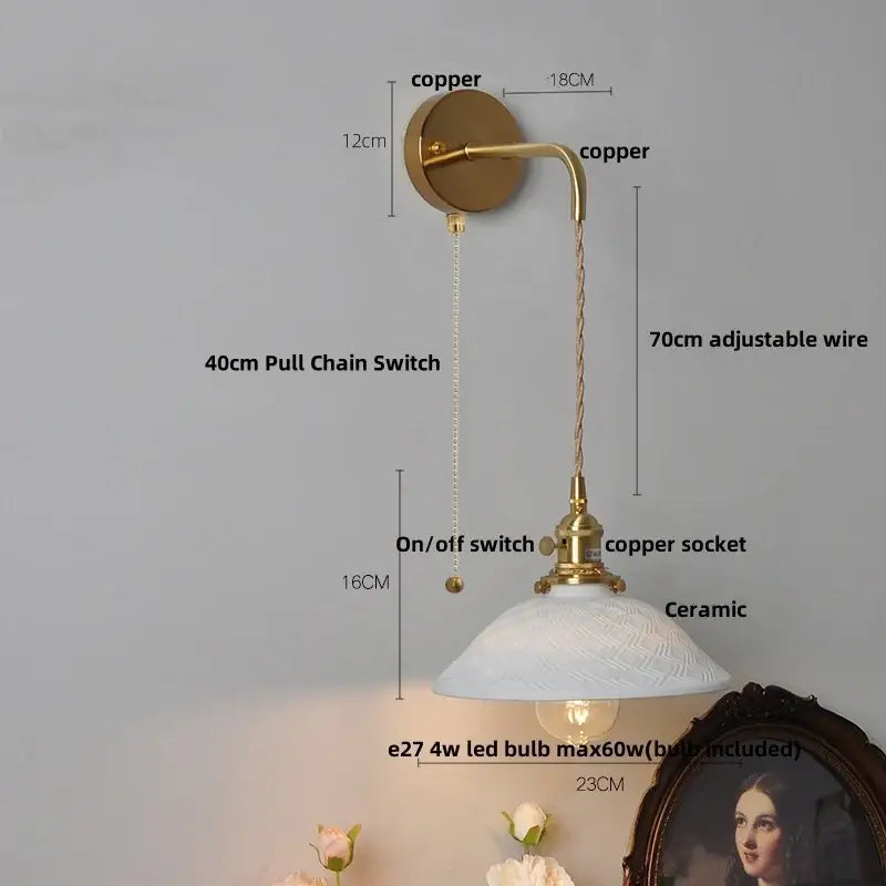 Floral white & brass led wall light bedroom ceramic sconce with switch
