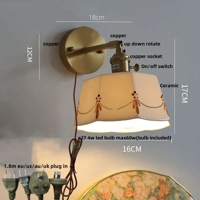 Floral white & brass led wall light bedroom ceramic sconce with switch