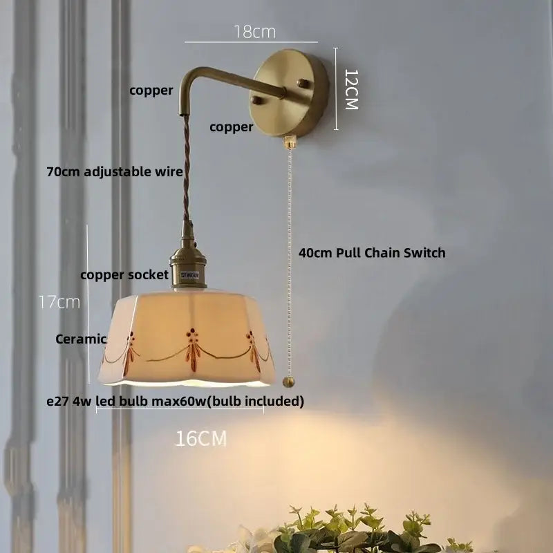 Floral white & brass led wall light bedroom ceramic sconce with switch