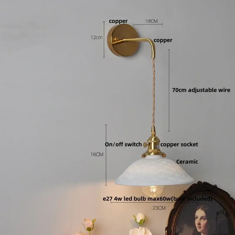 Floral white & brass led wall light bedroom ceramic sconce with switch