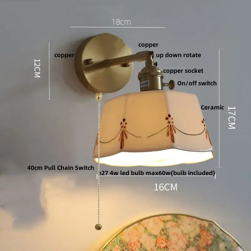 Floral white & brass led wall light bedroom ceramic sconce with switch