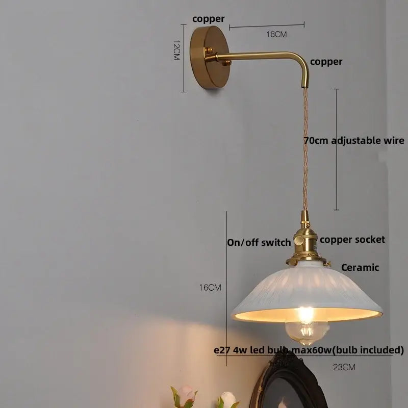 Floral white & brass led wall light bedroom ceramic sconce with switch