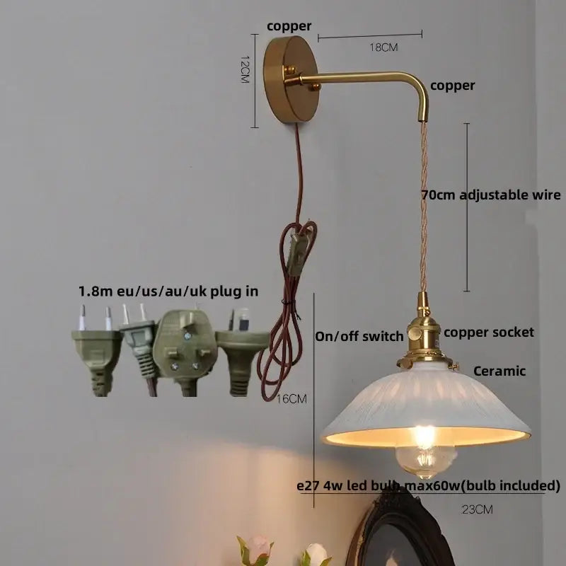 Floral white & brass led wall light bedroom ceramic sconce with switch