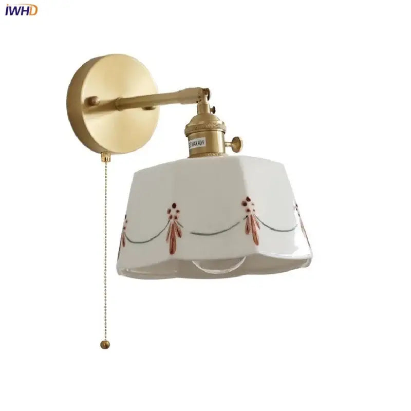 Floral white & brass led wall light bedroom ceramic sconce with switch