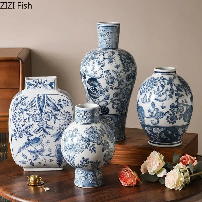 DecorBites™ Blue & White Porcelain Vase Pot for Stylish Room Aesthetic Decor & Flowers