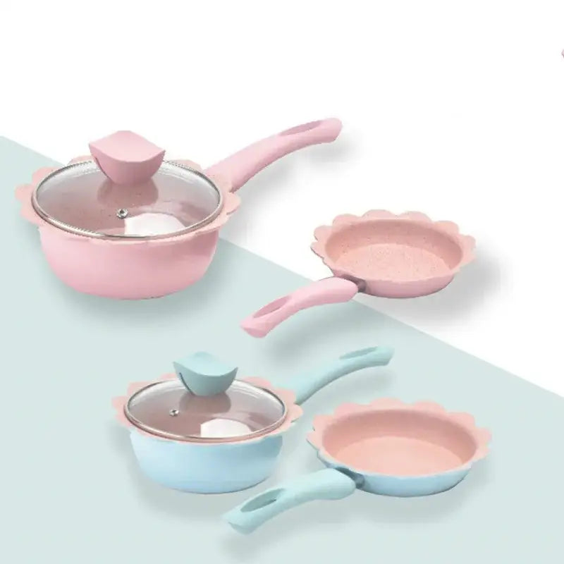Flower edged pink & light blue baby food pot kitchen cookware set