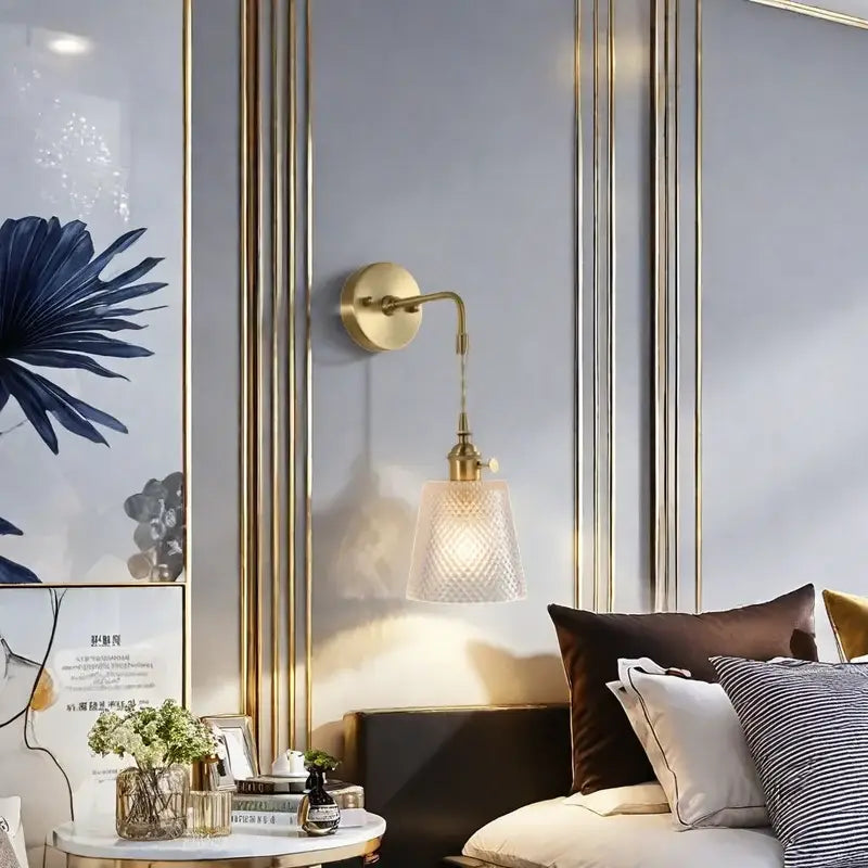 Fluted brass glass led wall sconce for bedroom