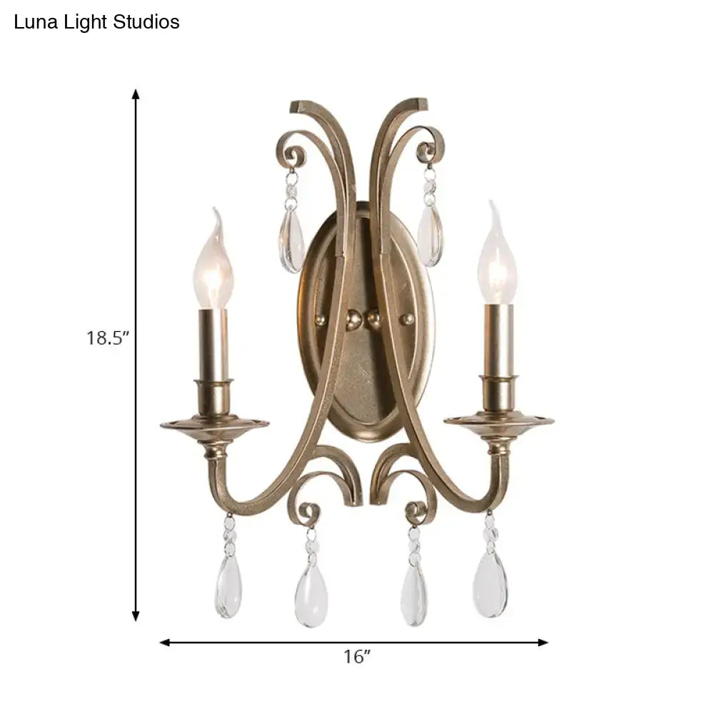 French country brass finish sconce light bedroom crystal wall lamp