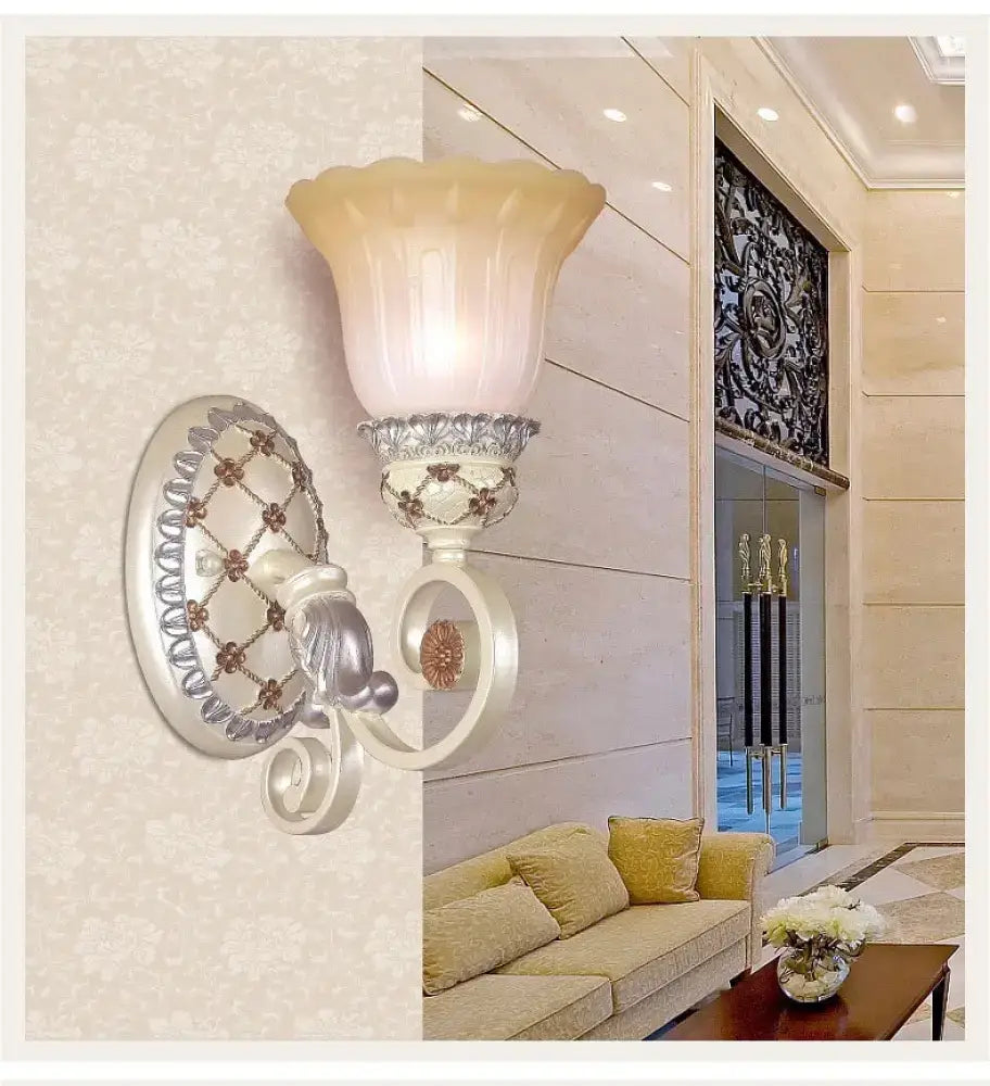 DecorBites™ French Country Blossom Wall Sconce - Opaline Glass Lighting with Swirl Arm in Gold