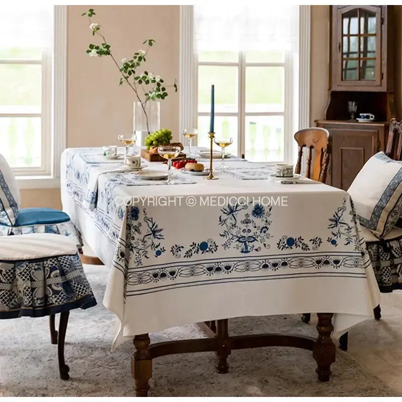 DecorBites™ Blue Onion Print Tablecloth Overlay: Luxe French Pastoral Banquet Dining Decoration