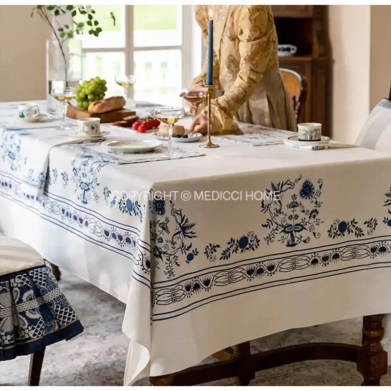 DecorBites™ Blue Onion Print Tablecloth Overlay: Luxe French Pastoral Banquet Dining Decoration