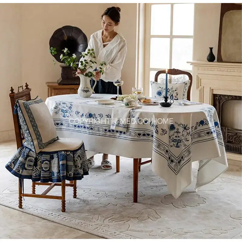 DecorBites™ Blue Onion Print Tablecloth Overlay: Luxe French Pastoral Banquet Dining Decoration